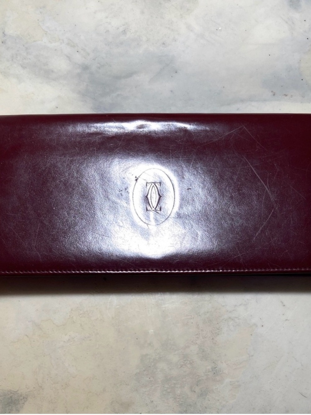 VINTAGE CARTIER Long Burgundy Leather w/Zipper Pouch&Gold Hardware GUC